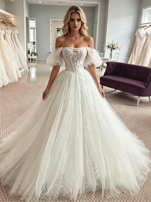 White Tulle Appliques Off the Shoulder Wedding Dress
