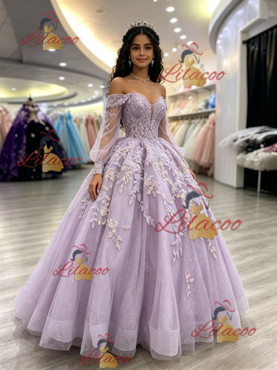 Purple Tulle Off the Shoulder Appliques Quinceanera Dress