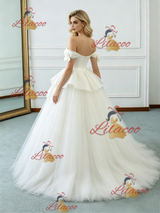 Beige White Tulle Off the Shoulder Wedding Dress