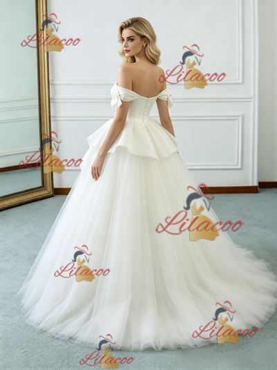 Beige White Tulle Off the Shoulder Wedding Dress