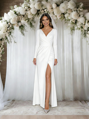 Sexy Long Sleeve V-neck Pleats Wedding Dress