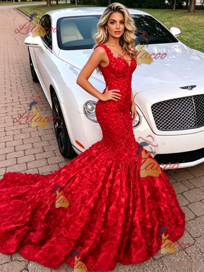 Sexy Red Mermaid Straps Prom Dress