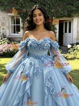 Blue Tulle Long Sleeve Appliques Quinceanera Dress