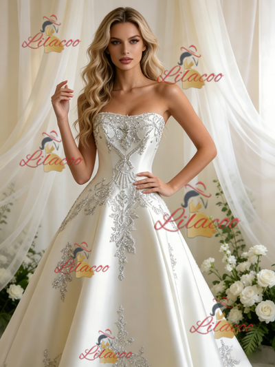 Beige White Satin Strapless Beading Wedding Dress