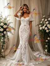 White Mermaid Lace Puff Sleeve Wedding Dress