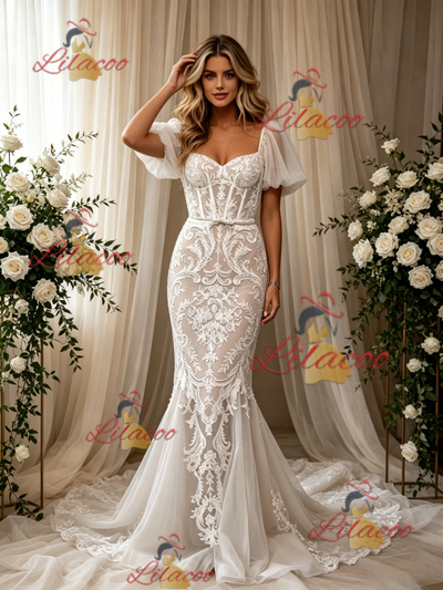 White Mermaid Lace Puff Sleeve Wedding Dress