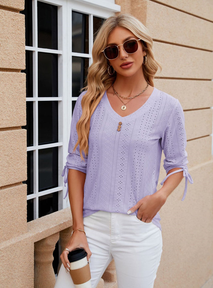 Button V-neck Solid Color Loose T-shirt