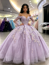 Purple Tulle Off the Shoulder Appliques Quinceanera Dress