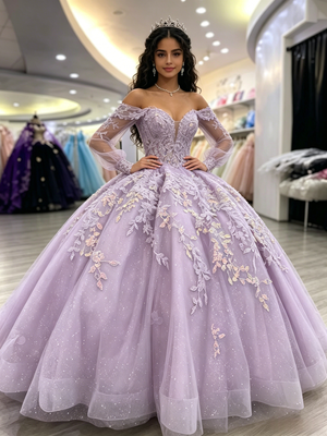 Purple Tulle Off the Shoulder Appliques Quinceanera Dress