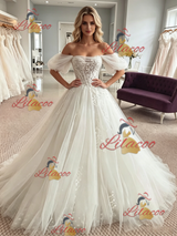 White Tulle Appliques Off the Shoulder Wedding Dress
