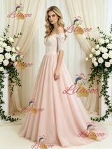 Pink Tulle Lace Short Sleeve Wedding Dress