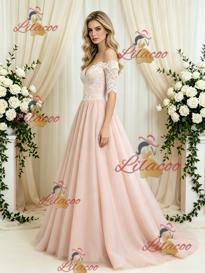 Pink Tulle Lace Short Sleeve Wedding Dress