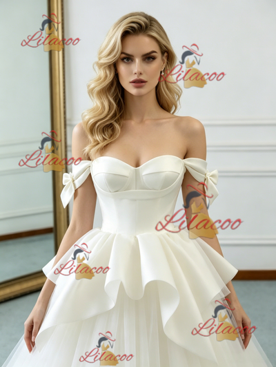 Beige White Tulle Off the Shoulder Wedding Dress