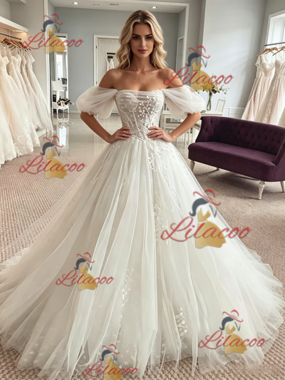 White Tulle Appliques Off the Shoulder Wedding Dress