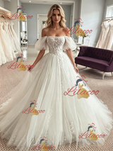White Tulle Appliques Off the Shoulder Wedding Dress