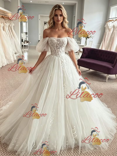 White Tulle Appliques Off the Shoulder Wedding Dress
