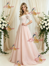 Pink Tulle Lace Short Sleeve Wedding Dress