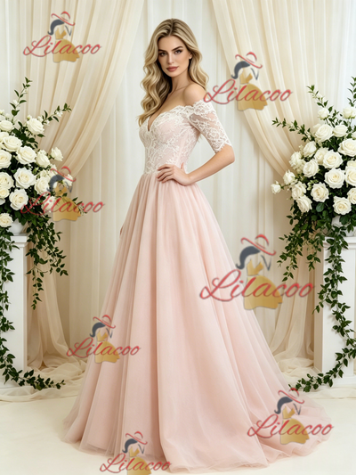 Pink Tulle Lace Short Sleeve Wedding Dress