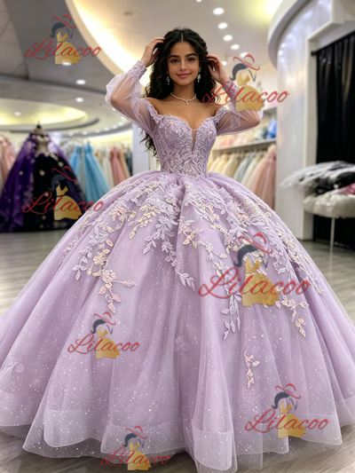 Purple Tulle Off the Shoulder Appliques Quinceanera Dress