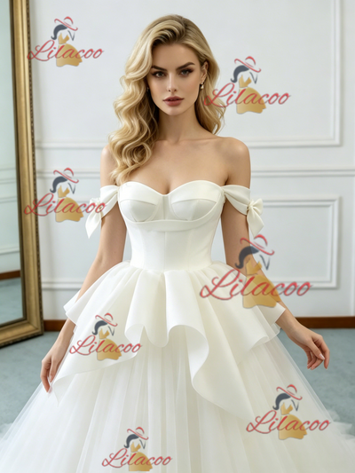 Beige White Tulle Off the Shoulder Wedding Dress