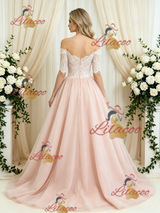 Pink Tulle Lace Short Sleeve Wedding Dress
