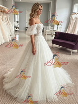 White Tulle Appliques Off the Shoulder Wedding Dress