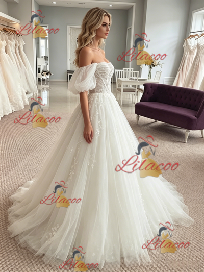 White Tulle Appliques Off the Shoulder Wedding Dress