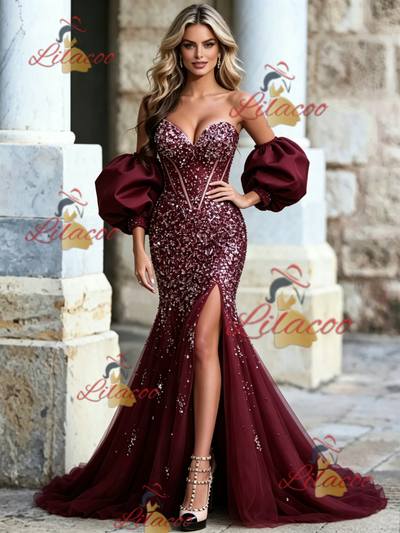 Burgundy Mermaid Tulle Beading Prom Dress