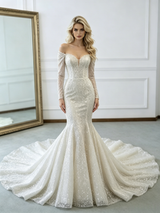 Beige White Mermaid Sequins Long Sleeve Wedding Dress