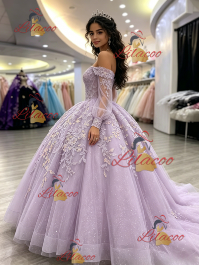 Purple Tulle Off the Shoulder Appliques Quinceanera Dress