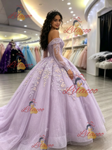Purple Tulle Off the Shoulder Appliques Quinceanera Dress