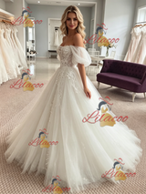 White Tulle Appliques Off the Shoulder Wedding Dress