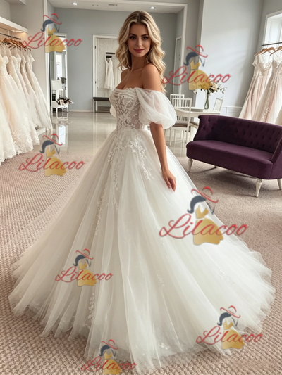 White Tulle Appliques Off the Shoulder Wedding Dress