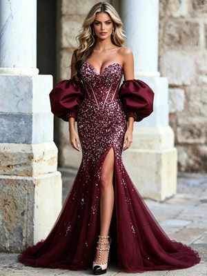 Burgundy Mermaid Tulle Beading Prom Dress