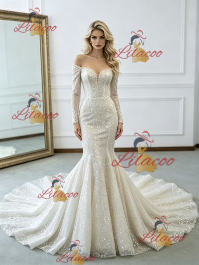 Beige White Mermaid Sequins Long Sleeve Wedding Dress
