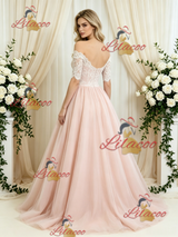 Pink Tulle Lace Short Sleeve Wedding Dress