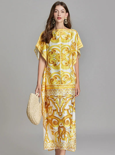 Yellow Print Plus Size Loose Dress