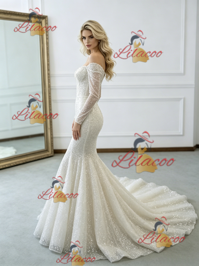 Beige White Mermaid Sequins Long Sleeve Wedding Dress