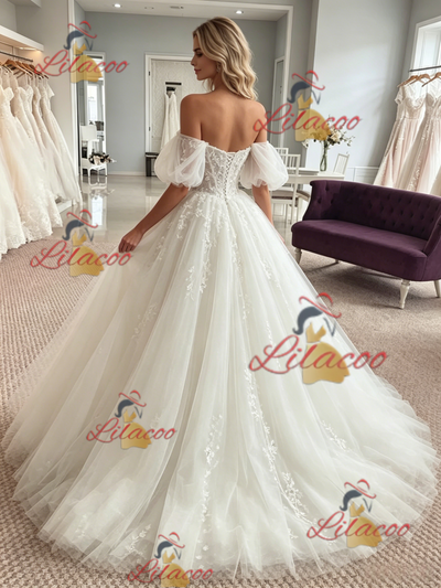 White Tulle Appliques Off the Shoulder Wedding Dress