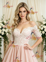 Pink Tulle Lace Short Sleeve Wedding Dress