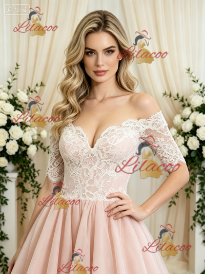 Pink Tulle Lace Short Sleeve Wedding Dress