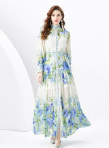 Retro Long-sleeved Slim Breasted Printed Dress