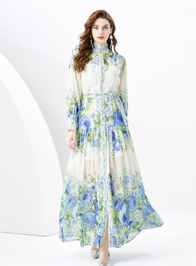 Retro Long-sleeved Slim Breasted Printed Dress