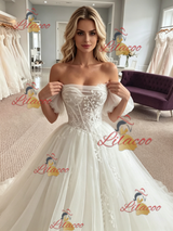 White Tulle Appliques Off the Shoulder Wedding Dress