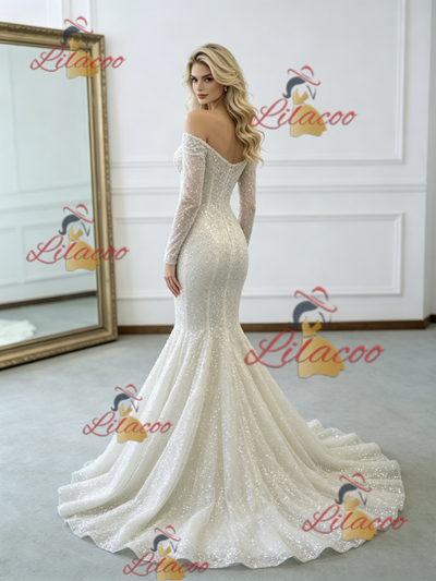 Beige White Mermaid Sequins Long Sleeve Wedding Dress