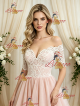Pink Tulle Lace Short Sleeve Wedding Dress