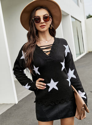 Leisure Five-star Jacquard Drawstring Pullover Sweater