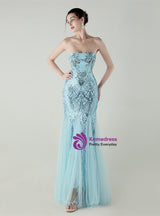 Mermaid Tulle Sequins Strapless Beading Prom Dress