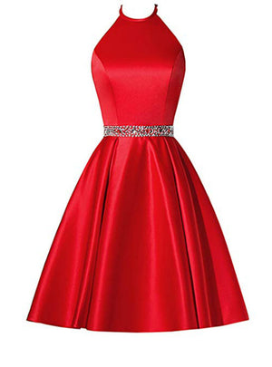Red Satin Halter Beading Homecoming Dress