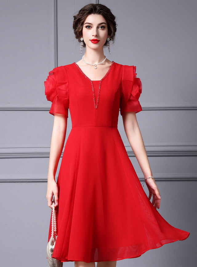 Red Short Sleeve Beading Mother Of The Bride Dress